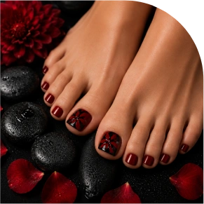 Elegant pedicure with red floral accents